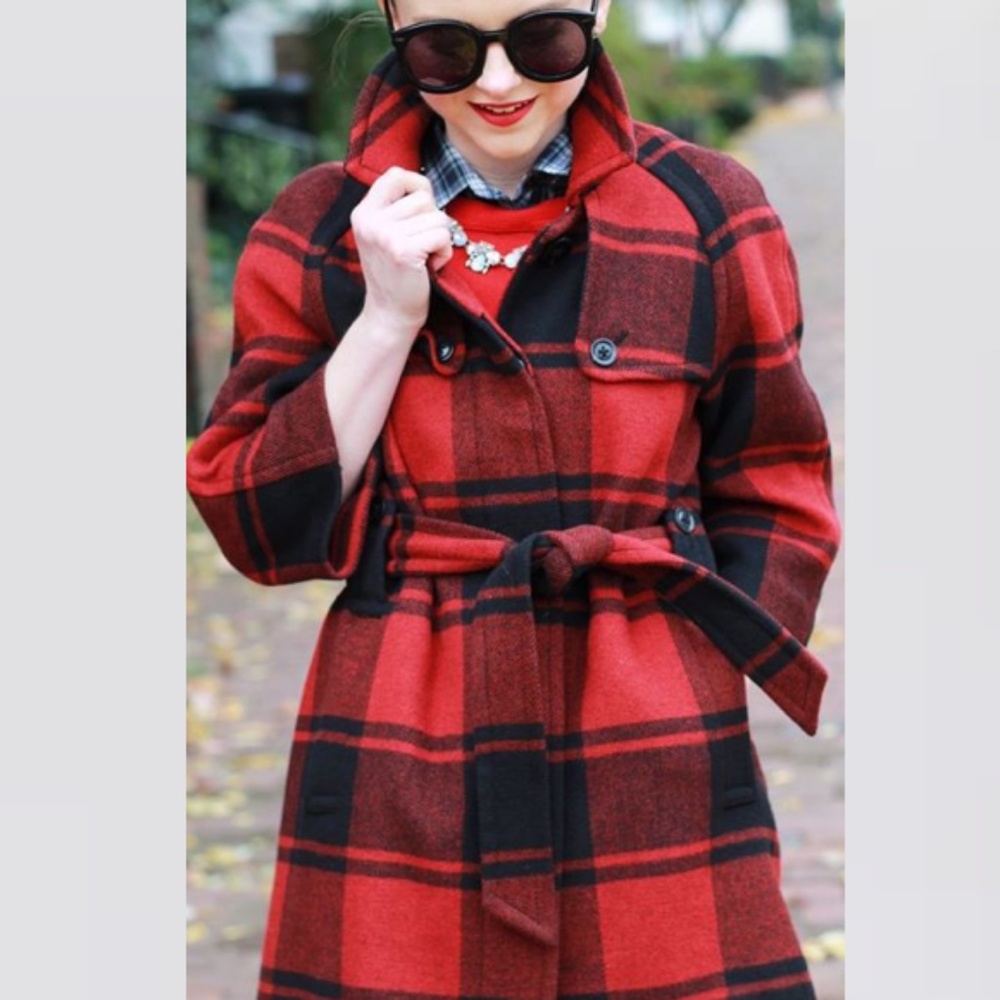 NEW GAP Christmas holiday wool red w black plaid  3/4 sleeve Jacket Coat S